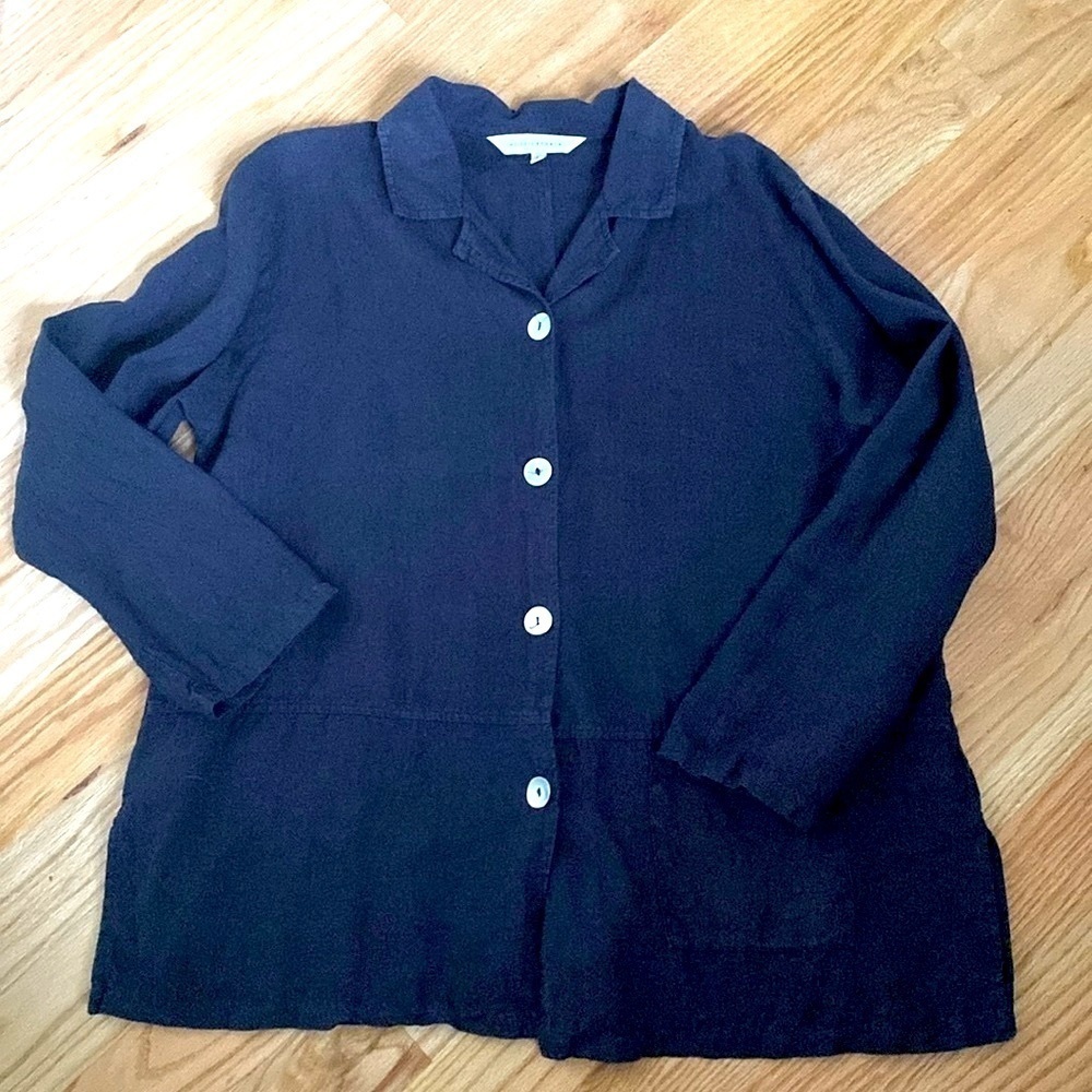 Melrose Studio Linen button down Tunic Blouse Womens L Navy Lagenlook coastal